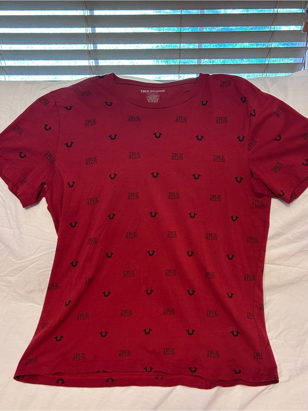 True Religion Men's Red Tee with Black Logo Allover